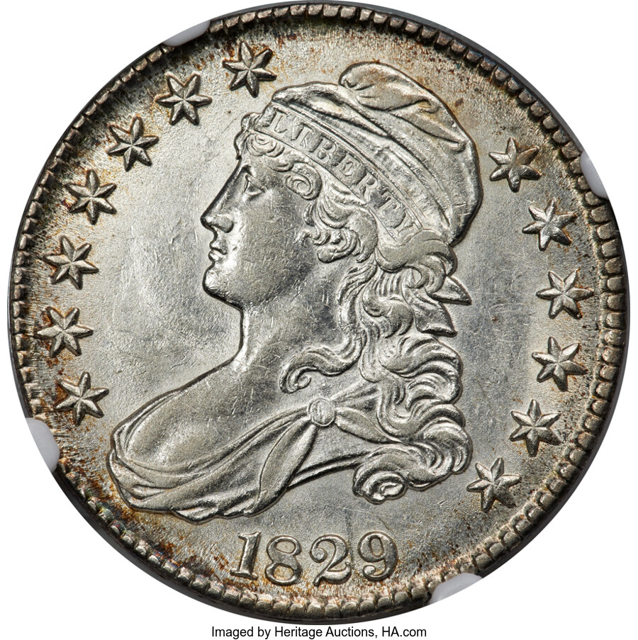 image for: 1829 50C Small Letters, O-108a, R.3, AU55 NGC....