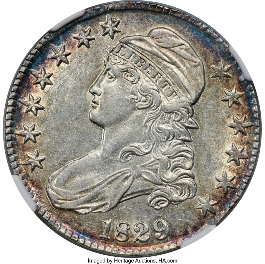 image for: 1829 50C Small Letters, O-105, R.1, AU55 NGC....