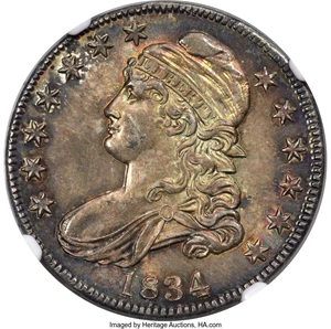 image for: 1834 50C Large Date, Small Letters, O-104, R.2, MS64 NGC....