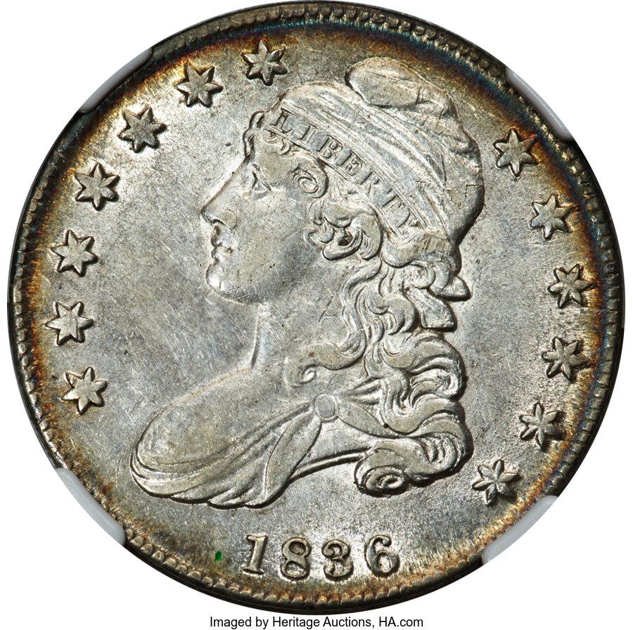 image for: 1836 50C Lettered Edge, Beaded Reverse, O-106a, R.2, AU53 NGC....