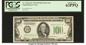 image for: Fr. 2152-D* $100 1934 Federal Reserve Star Note. PCGS Choice New 63PPQ....