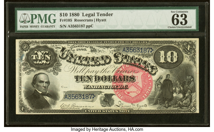 image for: Fr. 105 $10 1880 Legal Tender PMG Choice Uncirculated 63....