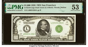 image for: Fr. 2210-L $1,000 1928 Federal Reserve Note. PMG About Uncirculated 53....