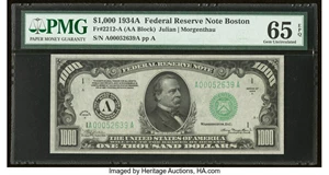 image for: Fr. 2212-A $1,000 1934A Federal Reserve Note. PMG Gem Uncirculated 65 EPQ....