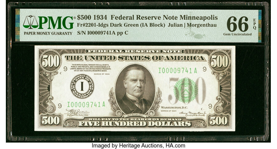 image for: Fr. 2201-I $500 1934 Federal Reserve Note. PMG Gem Uncirculated 66 EPQ....