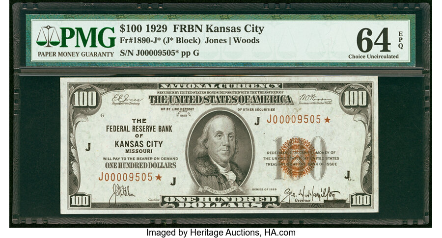 image for: Fr. 1890-J* $100 1929 Federal Reserve Bank Star Note. PMG Choice Uncirculated 64 EPQ....