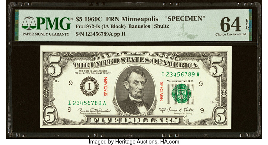 image for: Fr. 1972-I $5 1969C Specimen Federal Reserve Note. PMG Choice Uncirculated 64 EPQ....