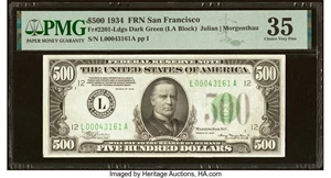 image for: Fr. 2201-L $500 1934 Federal Reserve Note. PMG Choice Very Fine 35....