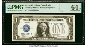 image for: Serial F72000021B Fr. 1605 $1 1928E Silver Certificate. PMG Choice Uncirculated 64 EPQ....
