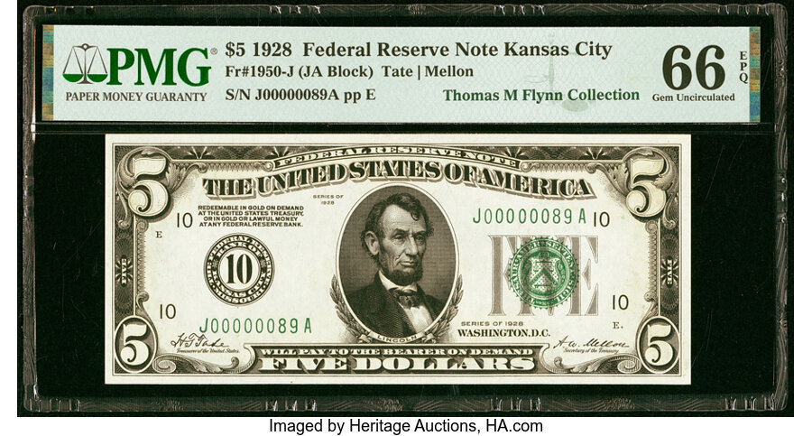 image for: Low Serial Number 89 Fr. 1950-J $5 1928 Federal Reserve Note. PMG Gem Uncirculated 66 EPQ....