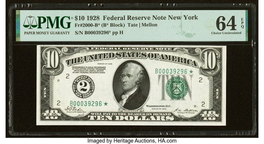 image for: Fr. 2000-B* $10 1928 Federal Reserve Star Note. PMG Choice Uncirculated 64 EPQ....
