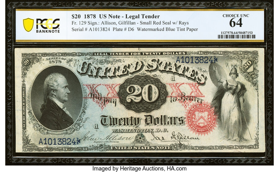 image for: Fr. 129 $20 1878 Legal Tender PCGS Banknote Choice Unc 64....
