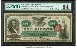 image for: Fr. 95b $10 1863 Legal Tender PMG Choice Uncirculated 64....