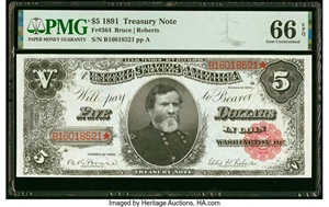 image for: Fr. 364 $5 1891 Treasury Note PMG Gem Uncirculated 66 EPQ....