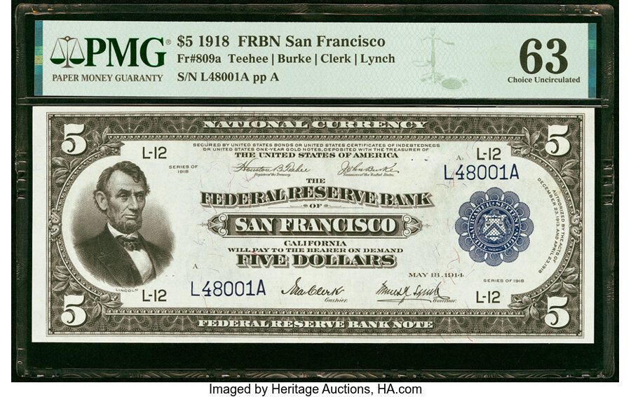 image for: Fr. 809a $5 1918 Federal Reserve Bank Note PMG Choice Uncirculated 63....