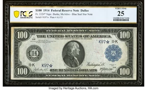 image for: Fr. 1124* $100 1914 Federal Reserve Star Note PCGS Banknote Very Fine 25....