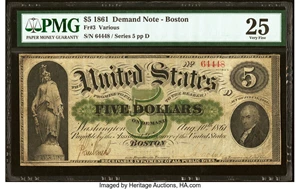 image for: Fr. 3 $5 1861 Demand Note PMG Very Fine 25....