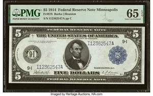 image for: Fr. 878 $5 1914 Federal Reserve Note PMG Gem Uncirculated 65 EPQ....