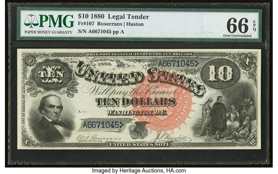 image for: Fr. 107 $10 1880 Legal Tender PMG Gem Uncirculated 66 EPQ....