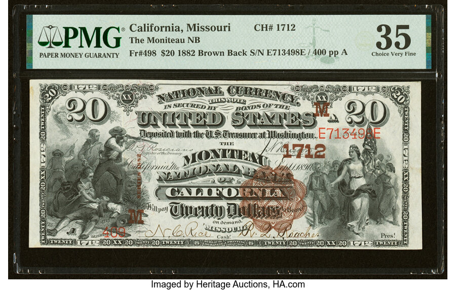 image for: California, MO - $20 1882 Brown Back Fr. 498 The Moniteau National Bank Ch. # (M)1712 PMG Choice Very Fine 35....