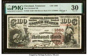 image for: Cleveland, TN - $100 1882 Brown Back Fr. 522 The Cleveland National Bank Ch. # 1666 PMG Very Fine 30....