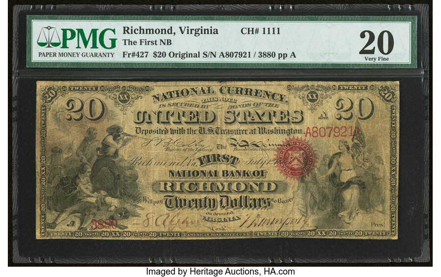 image for: Richmond, VA - $20 Original Fr. 427 The First National Bank Ch. # 1111 PMG Very Fine 20....