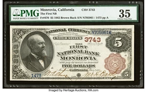 image for: Monrovia, CA - $5 1882 Brown Back Fr. 470 The First National Bank Ch. # 3743 PMG Choice Very Fine 35....