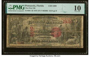image for: Pensacola, FL - $5 1875 Fr. 404 The First National Bank Ch. # 2490 PMG Very Good 10....