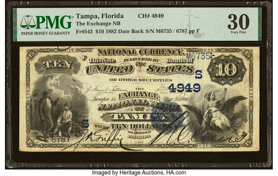 image for: Tampa, FL - $10 1882 Date Back Fr. 542 The Exchange National Bank Ch. # (S)4949 PMG Very Fine 30....