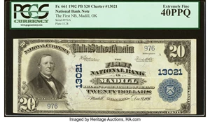 image for: Madill, OK - $20 1902 Plain Back Fr. 661 The First National Bank Ch. # 13021 PCGS Extremely Fine 40PPQ....
