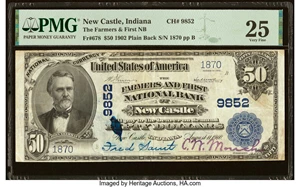 image for: New Castle, IN - $50 1902 Plain Back Fr. 678 The Farmers & First National Bank Ch. # 9852 PMG Very Fine 25....