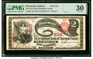 image for: Plymouth, IN - $2 1875 Fr. 391 The First National Bank of Marshall County Ch. # 2119 PMG Very Fine 30....