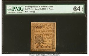 image for: Pennsylvania June 18, 1764 3d PMG Choice Uncirculated 64 EPQ....