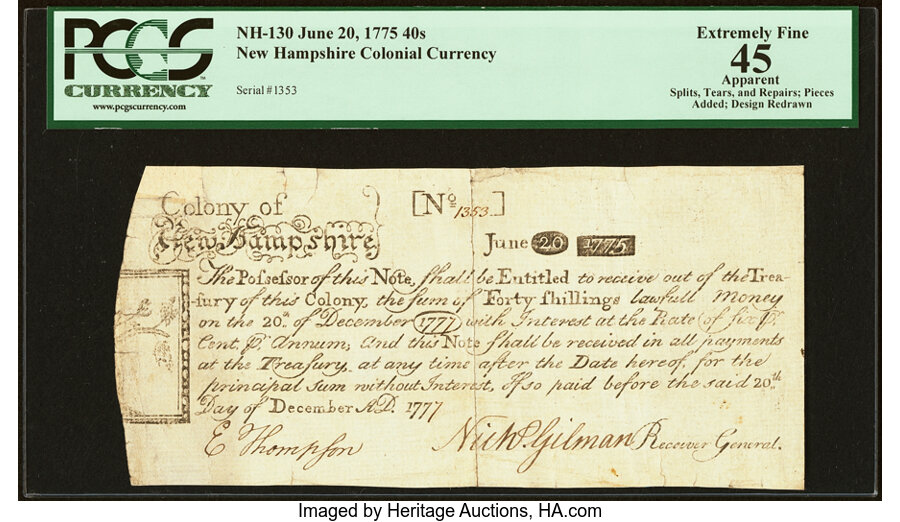 image for: New Hampshire June 20, 1775 40s PCGS Apparent Extremely Fine 45....