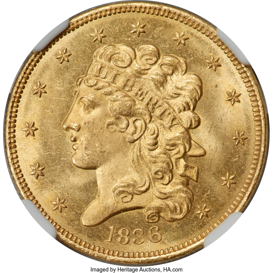 image for: 1836 $5 Block 8, HM-2, High R.4, MS64 NGC. CAC....