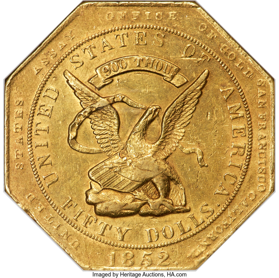 image for: 1852 $50 Assay Office Fifty Dollar, 900 Thous. MS61 NGC. K-14, R.5....