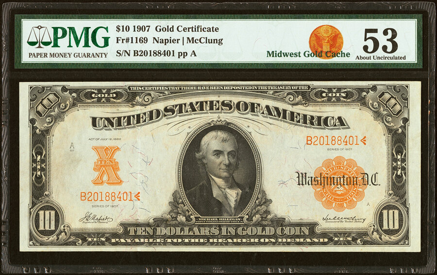 image for: Fr. 1169 $10 1907 Gold Certificate PMG About Uncirculated 53....