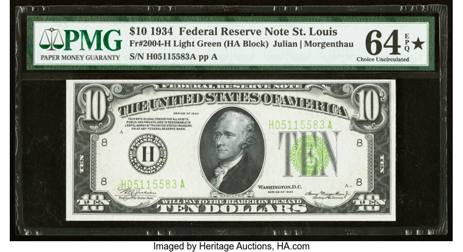 image for: Fr. 2004-H $10 1934 Light Green Seal Federal Reserve Note. PMG Choice Uncirculated 64 EPQ*....