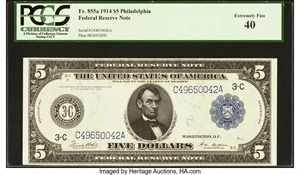 image for: Fr. 855a $5 1914 Federal Reserve Note PCGS Extremely Fine 40....