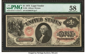 image for: Fr. 26 $1 1875 Legal Tender PMG Choice About Unc 58....