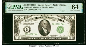image for: Fr. 2220-G $5,000 1928 Federal Reserve Note. PMG Choice Uncirculated 64....