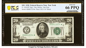 image for: Fr. 2050-B* $20 1928 Federal Reserve Star Note. PCGS Banknote Gem Unc 66 PPQ....