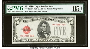 image for: Fr. 1527* $5 1928B Mule Legal Tender Star Note. PMG Gem Uncirculated 65 EPQ....