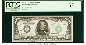 image for: Fr. 2212-C $1,000 1934A Federal Reserve Note. PCGS Gem New 66....