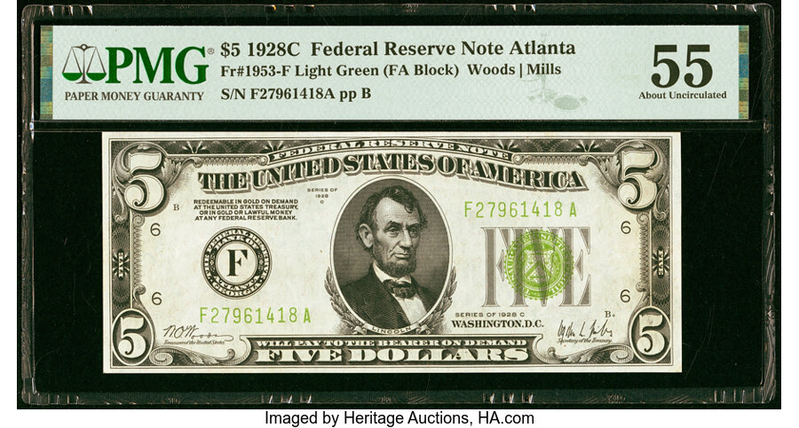 image for: Fr. 1953-F $5 1928C Federal Reserve Note. PMG About Uncirculated 55....