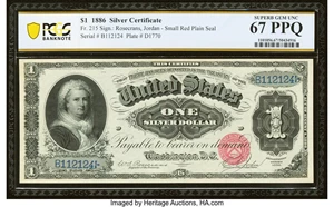 image for: Fr. 215 $1 1886 Silver Certificate PCGS Banknote Superb Gem Unc 67 PPQ....
