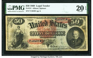image for: Fr. 151 $50 1869 Legal Tender PMG Very Fine 20 EPQ....