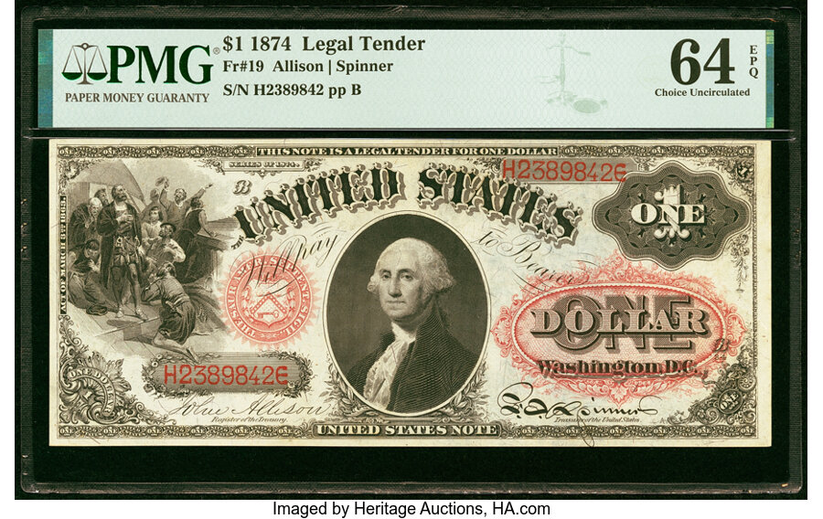 image for: Fr. 19 $1 1874 Legal Tender PMG Choice Uncirculated 64 EPQ....