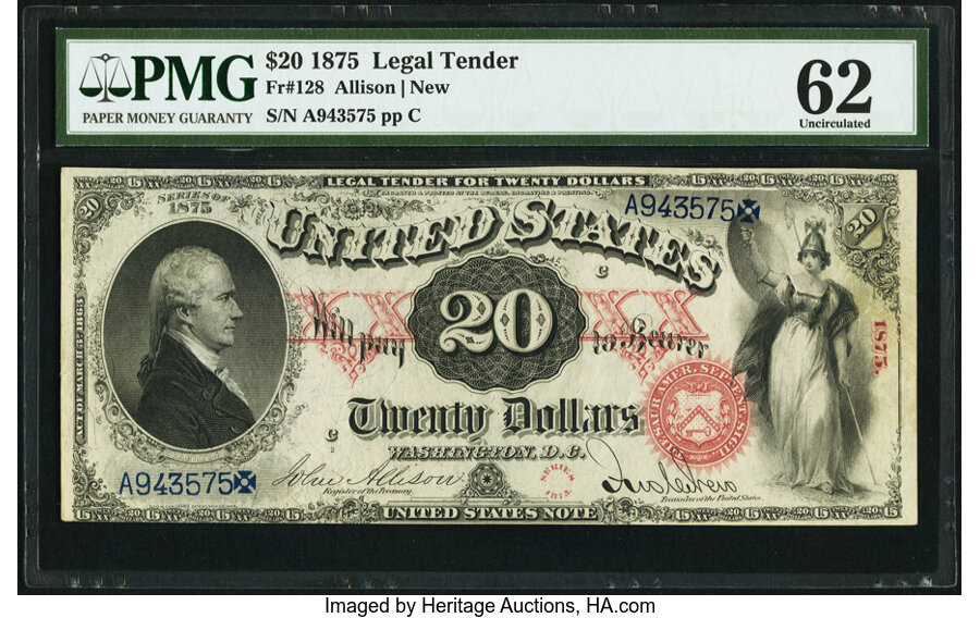 image for: Fr. 128 $20 1875 Legal Tender PMG Uncirculated 62....