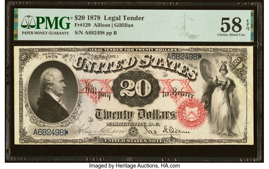 image for: Fr. 129 $20 1878 Legal Tender PMG Choice About Unc 58 EPQ....
